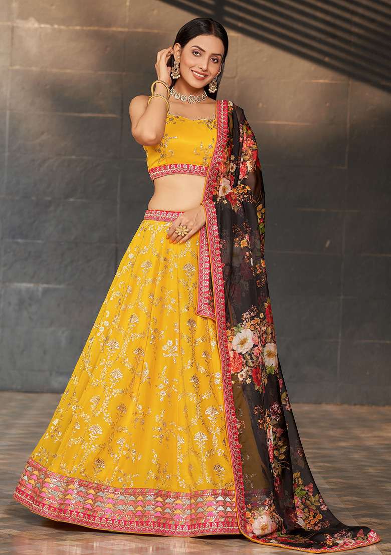 Yellow And Black Georgette Lehenga Set with Digital Print & Embroidered for Diwali | Wedding & Festive Wear - Indya