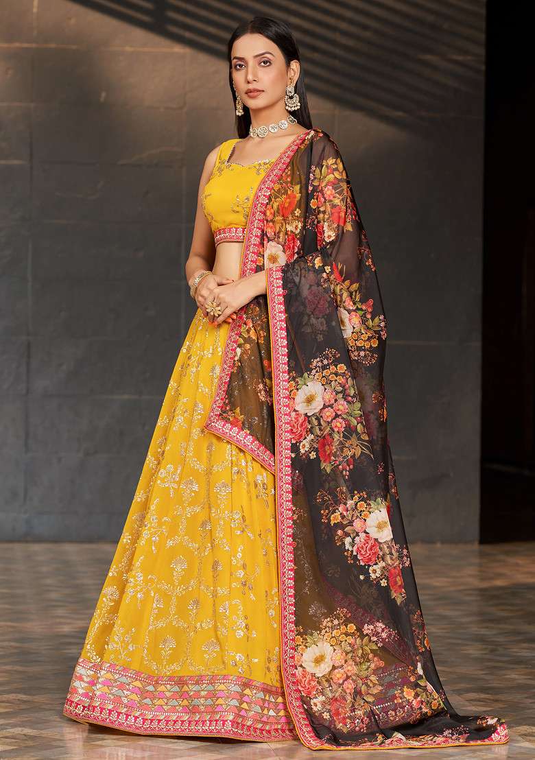 Yellow And Black Georgette Lehenga Set with Digital Print & Embroidered for Diwali | Wedding & Festive Wear - Indya