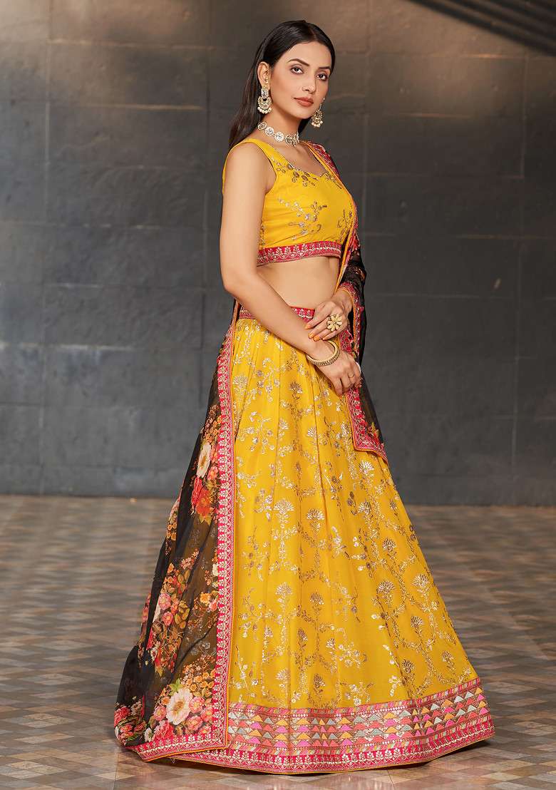 Yellow And Black Georgette Lehenga Set with Digital Print & Embroidered for Diwali | Wedding & Festive Wear - Indya