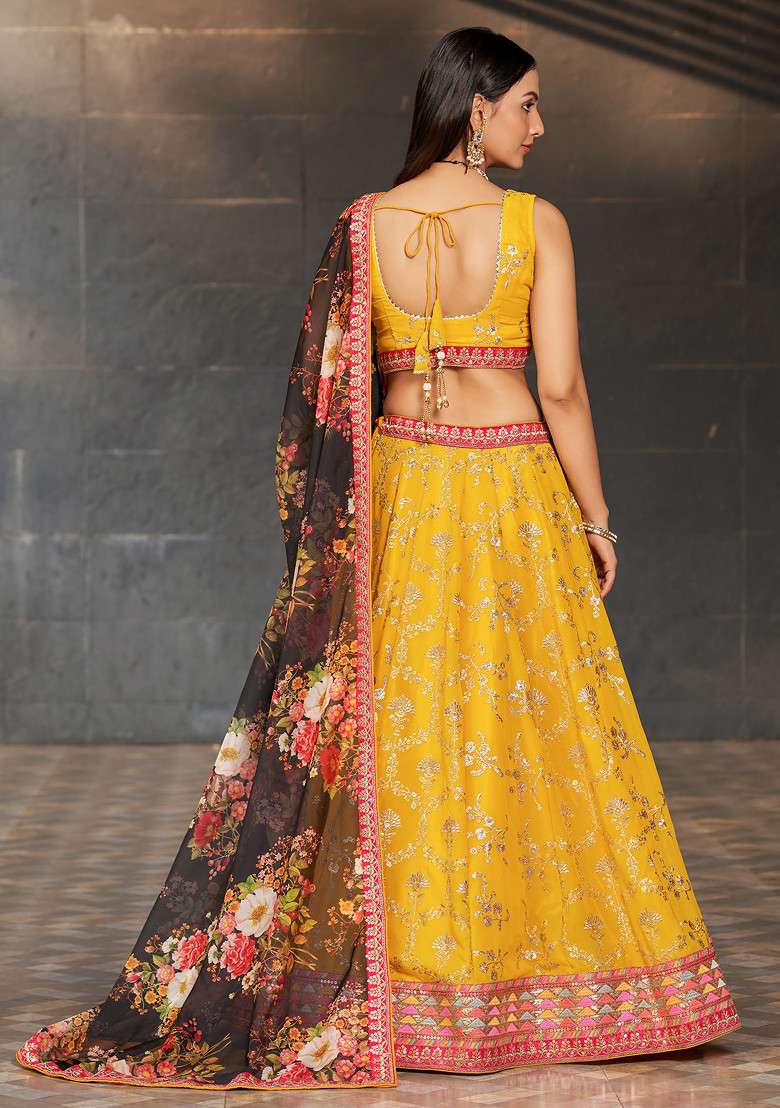 Yellow And Black Georgette Lehenga Set with Digital Print & Embroidered for Diwali | Wedding & Festive Wear - Indya