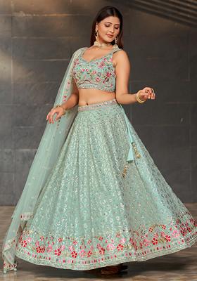 Sky Blue Real Mirror Work Georgette Lehenga Set