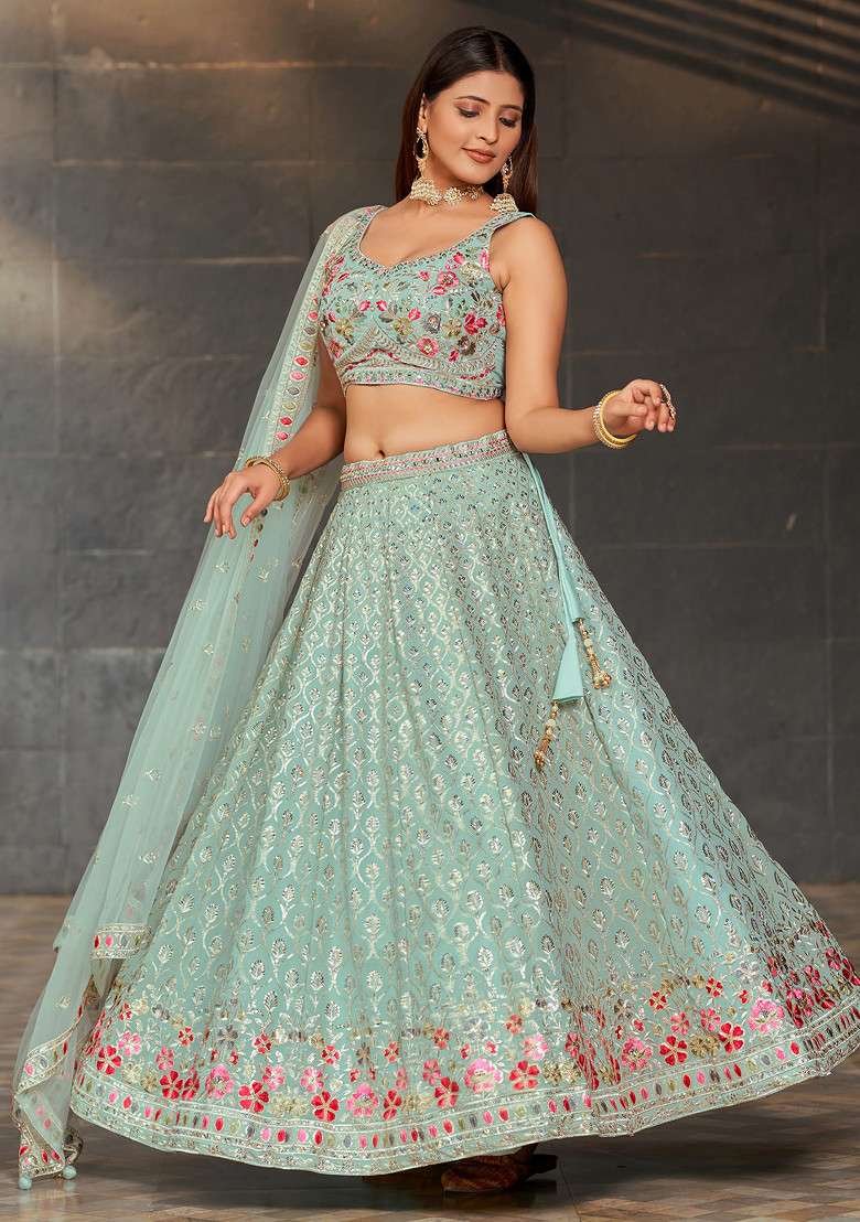Sky Blue Real Georgette Lehenga Set with Mirror Work for Diwali | Wedding & Festive Wear - Indya