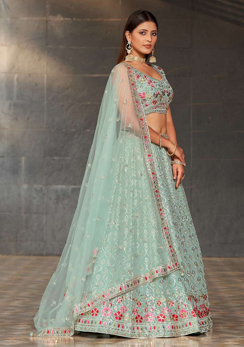 Sky Blue Real Georgette Lehenga Set with Mirror Work for Diwali | Wedding & Festive Wear - Indya