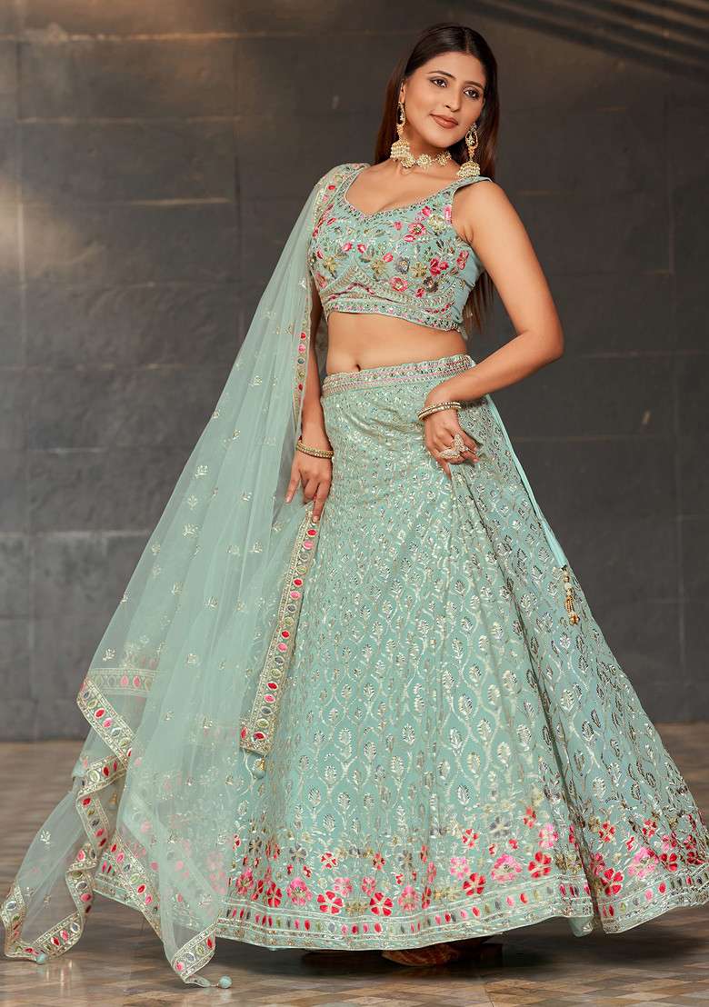 Sky Blue Real Georgette Lehenga Set with Mirror Work for Diwali | Wedding & Festive Wear - Indya