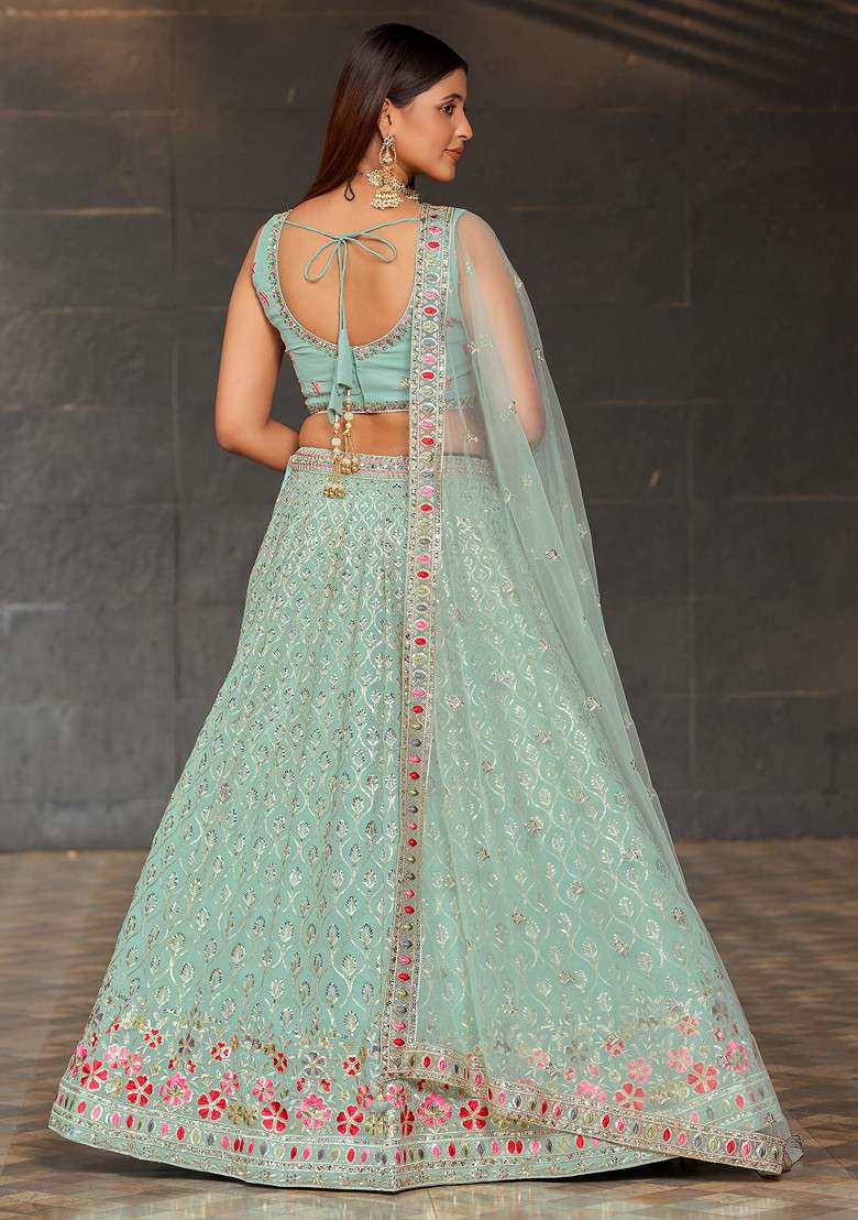 Sky Blue Real Georgette Lehenga Set with Mirror Work for Diwali | Wedding & Festive Wear - Indya