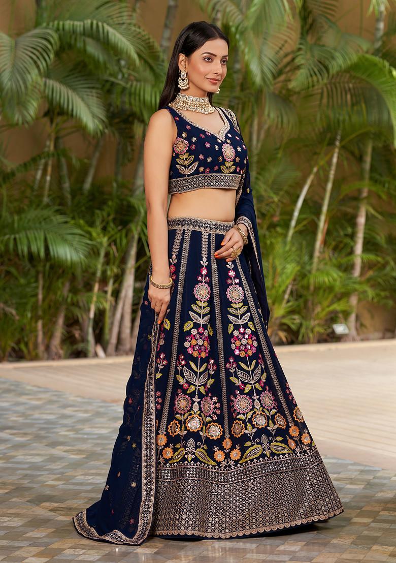 Navy Blue Thread Embroidered Georgette Lehenga Set