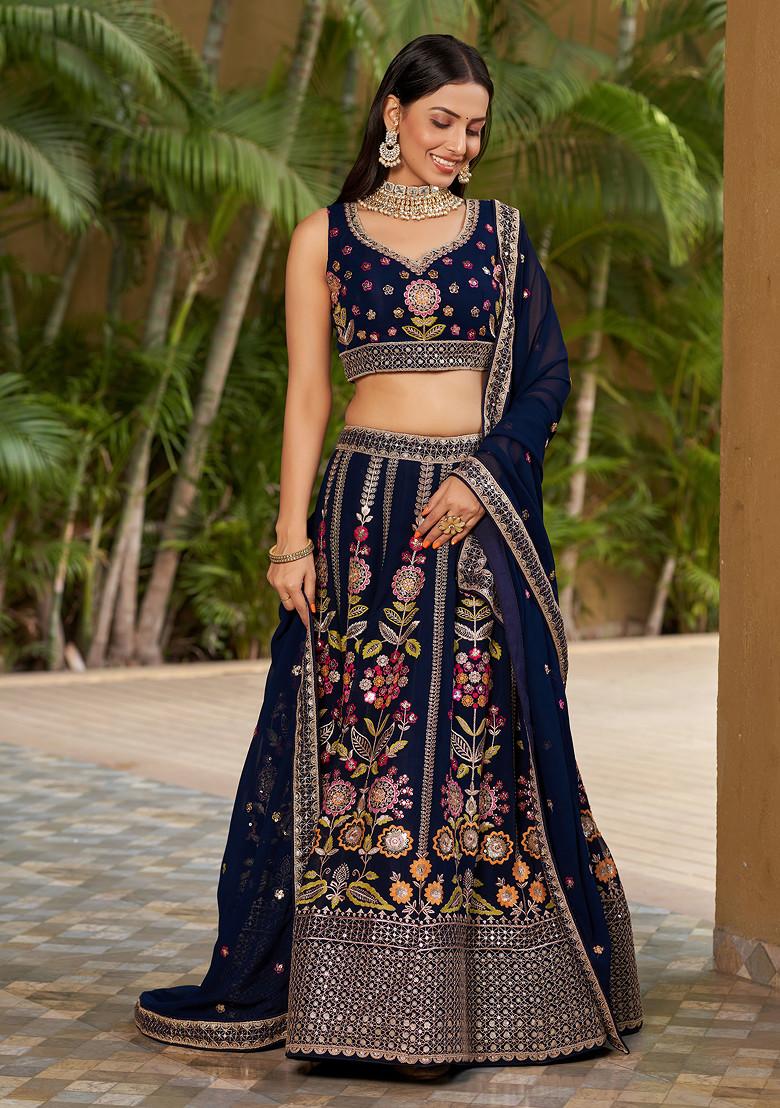 Navy Blue Thread Embroidered Georgette Lehenga Set
