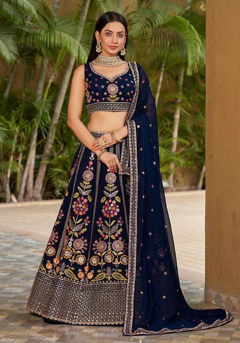 Navy Blue Thread Embroidered Georgette Lehenga Set