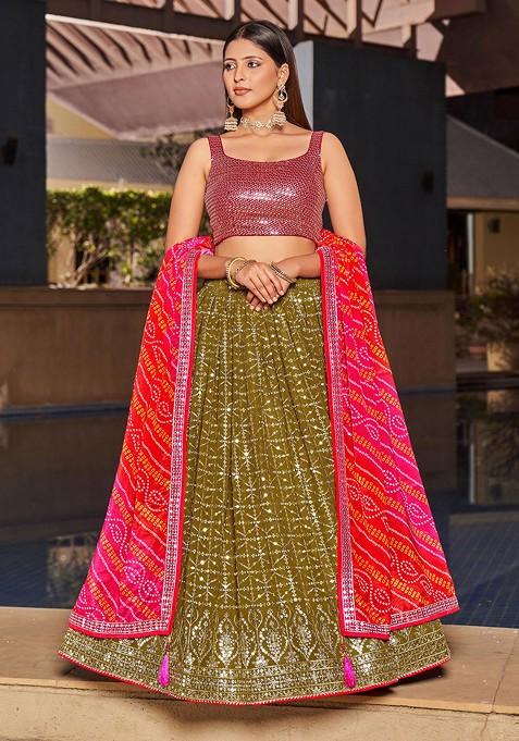 Olive And Pink Digital Print Embroidered Georgette Lehenga Set