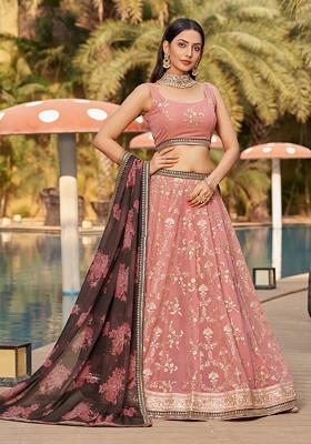 Pink And Brown Digital Print Embroidered Georgette Lehenga Set