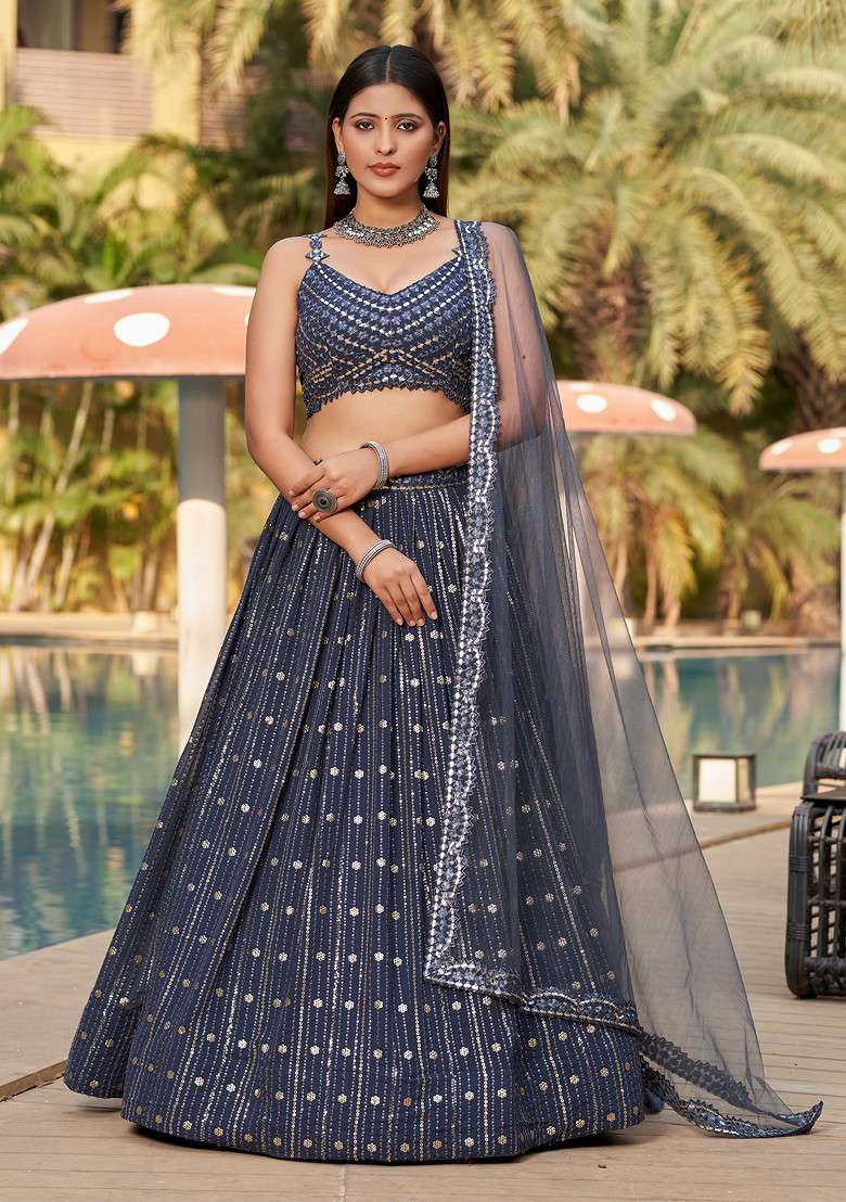 Grey Mirror Paper Embroidered Georgette Lehenga Set for Diwali and Festive Wear - Indya