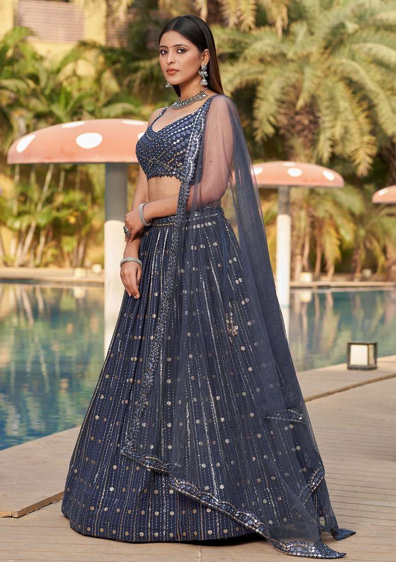 Grey Mirror Paper Embroidered Georgette Lehenga Set for Diwali and Festive Wear - Indya
