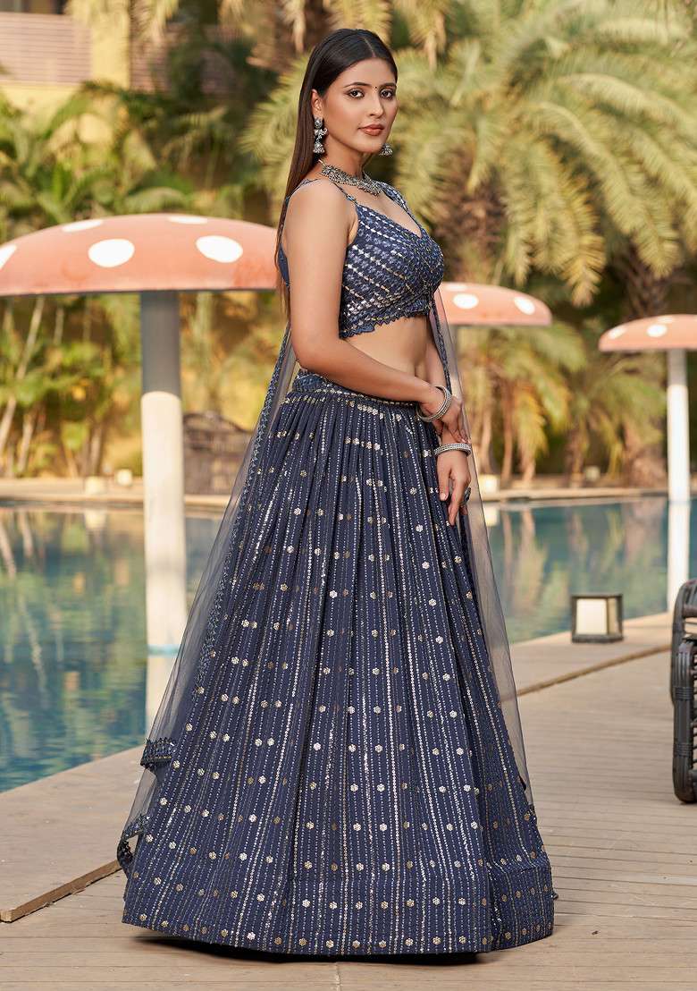 Grey Mirror Paper Embroidered Georgette Lehenga Set for Diwali and Festive Wear - Indya