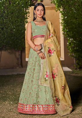 Pista And Yellow Digital Print Embroidered Georgette Lehenga Set
