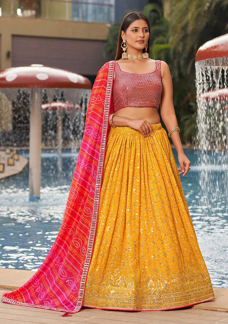 Yellow And Pink Digital Print Embroidered Georgette Lehenga Set for Diwali and Festive Wear - Indya