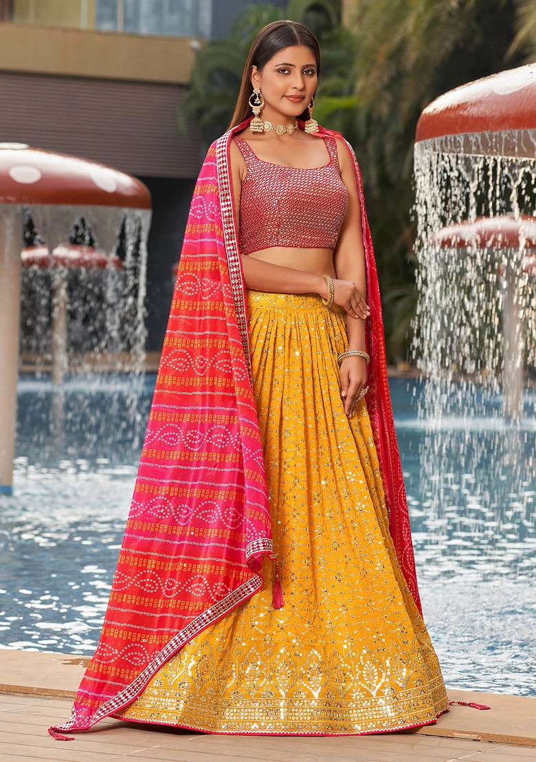 Yellow And Pink Digital Print Embroidered Georgette Lehenga Set for Diwali and Festive Wear - Indya