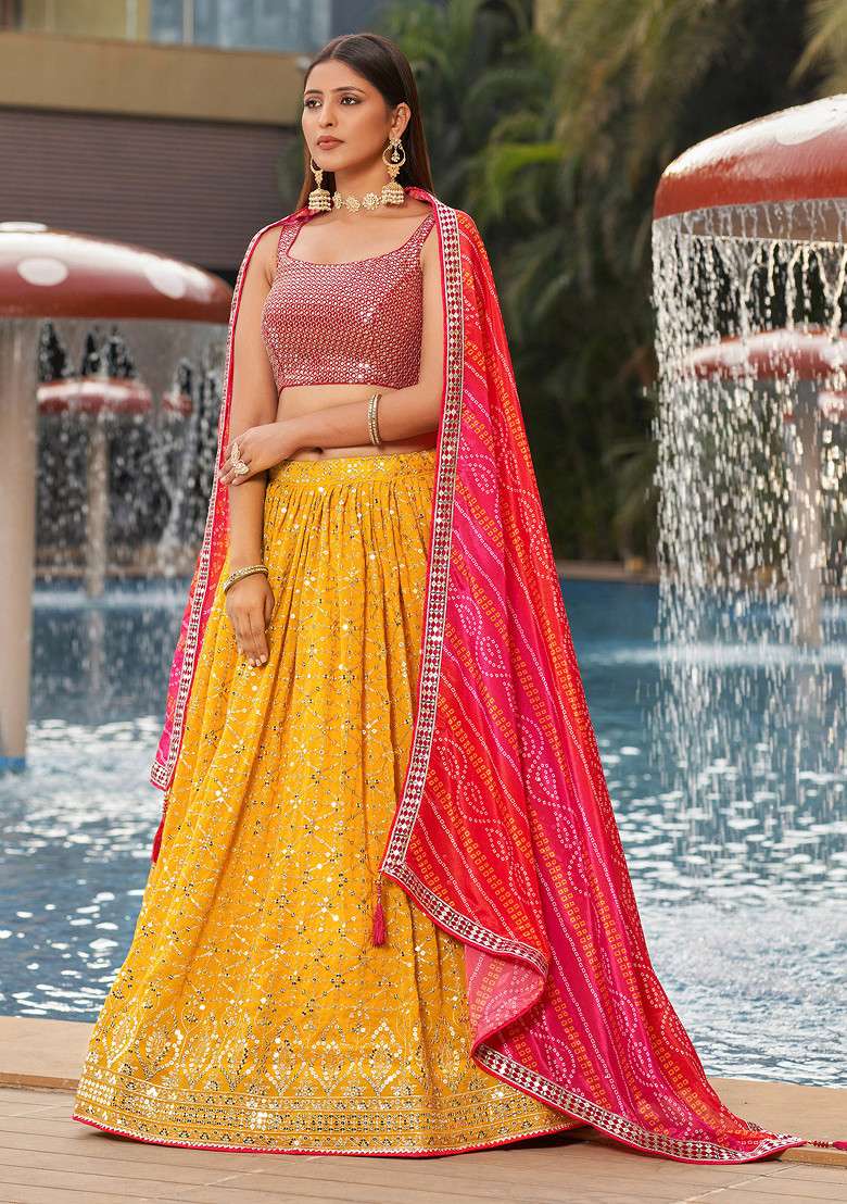 Yellow And Pink Digital Print Embroidered Georgette Lehenga Set for Diwali and Festive Wear - Indya