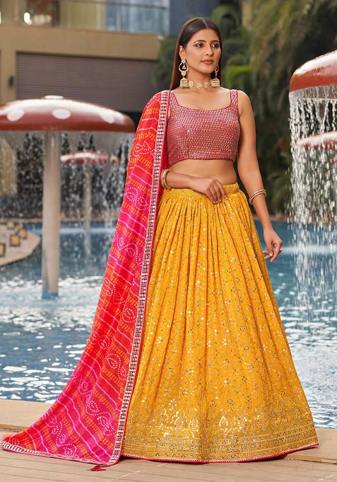 Yellow And Pink Digital Print Embroidered Georgette Lehenga Set