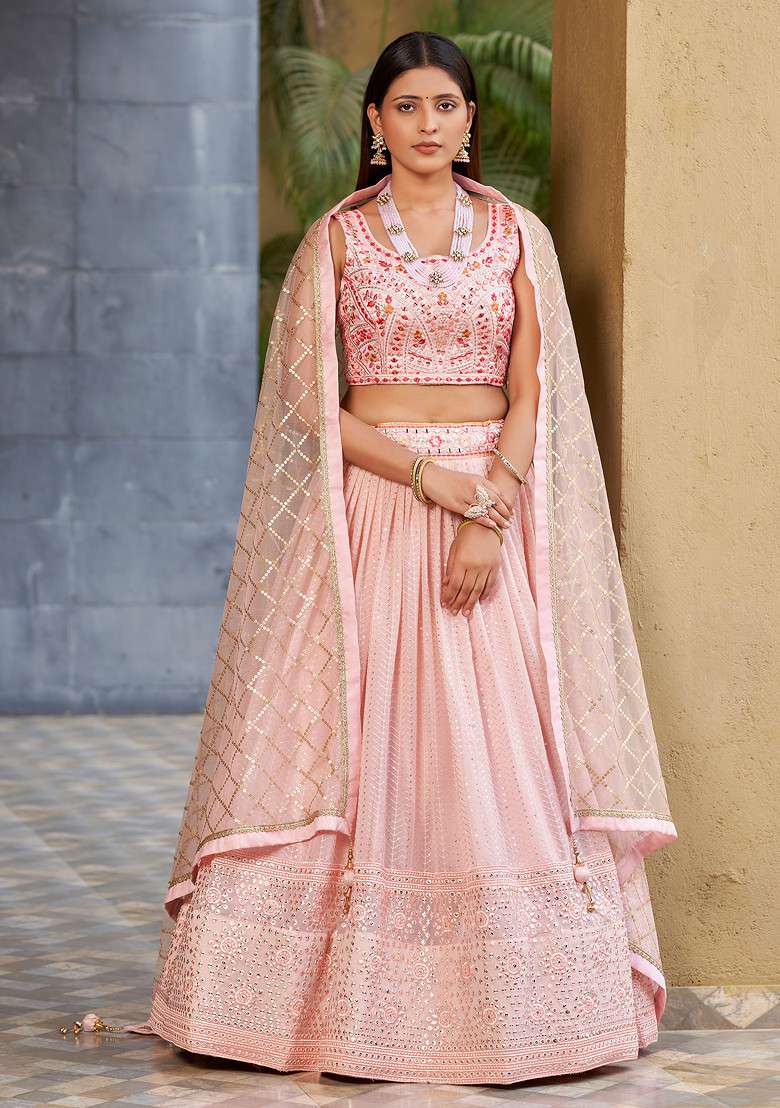 Pink Real Mirror Work Art Silk Blend Lehenga Set for Diwali and Festive Wear - Indya