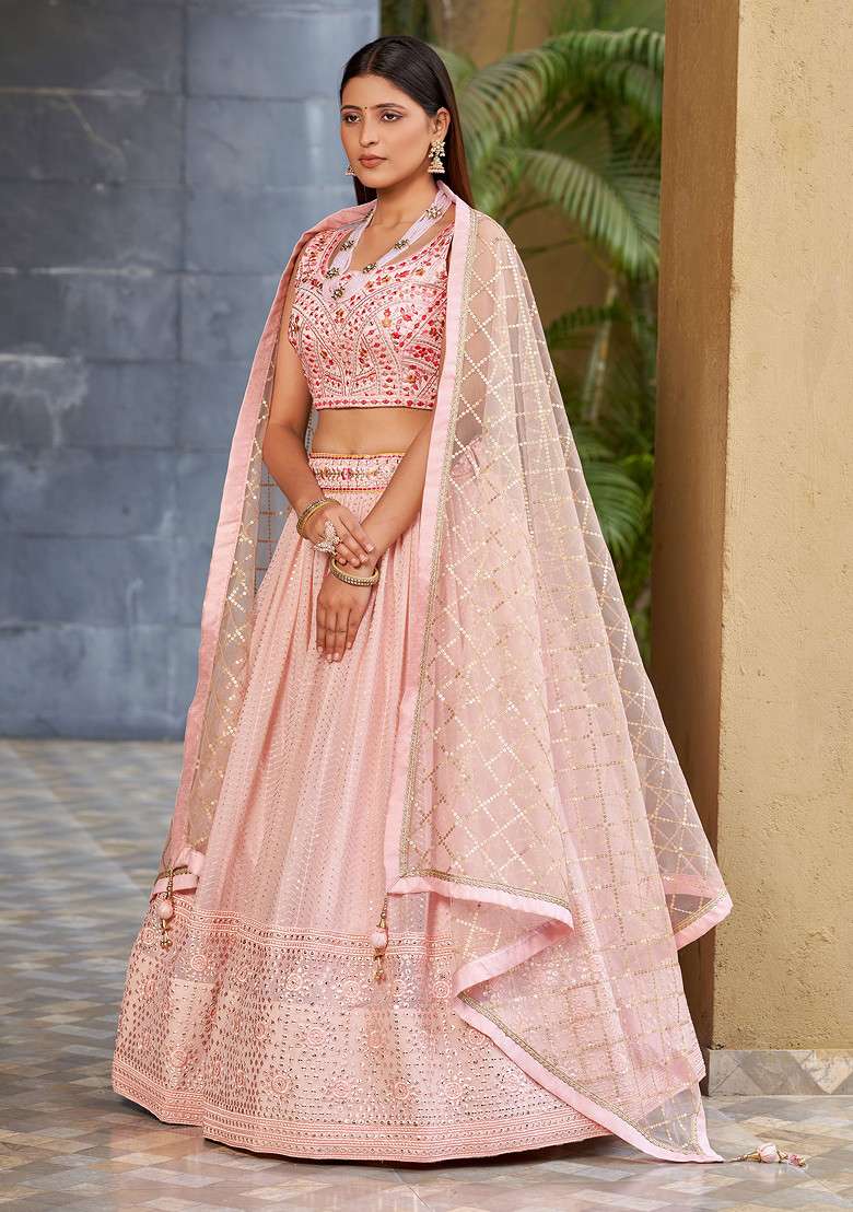 Pink Real Mirror Work Art Silk Blend Lehenga Set for Diwali and Festive Wear - Indya