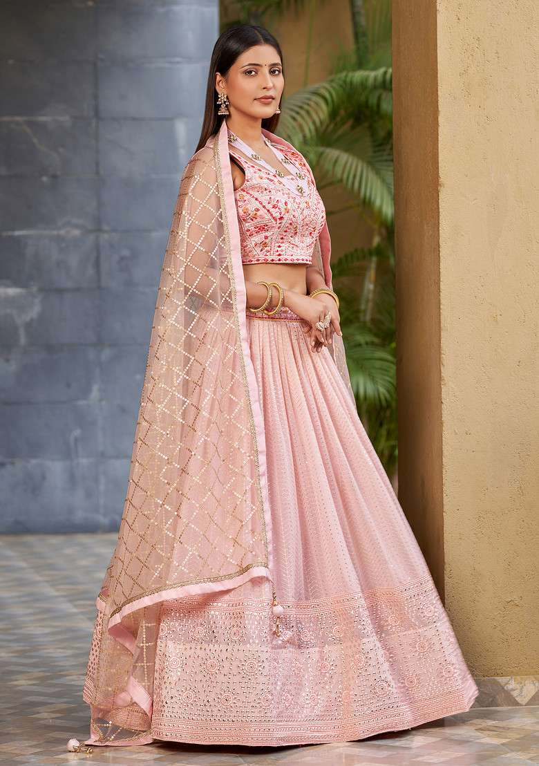 Pink Real Mirror Work Art Silk Blend Lehenga Set for Diwali and Festive Wear - Indya