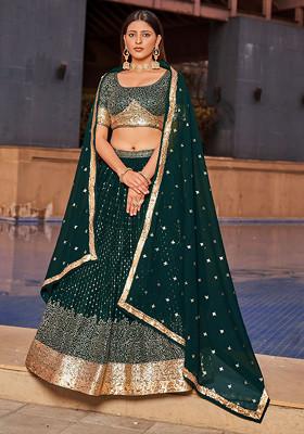 Green Thread Embroidered Georgette Lehenga Set