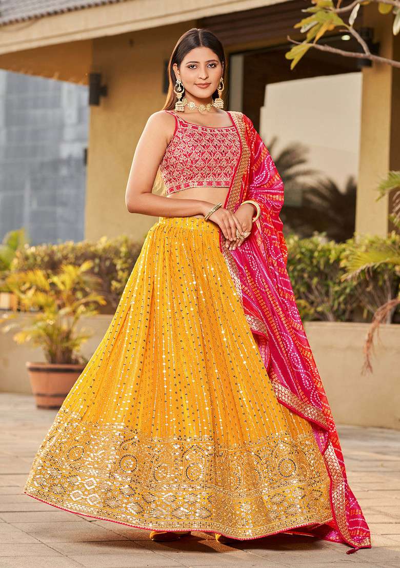 Yellow And Pink Real Mirror Work Art Silk Blend Lehenga Set for Diwali and Festive Wear - Indya