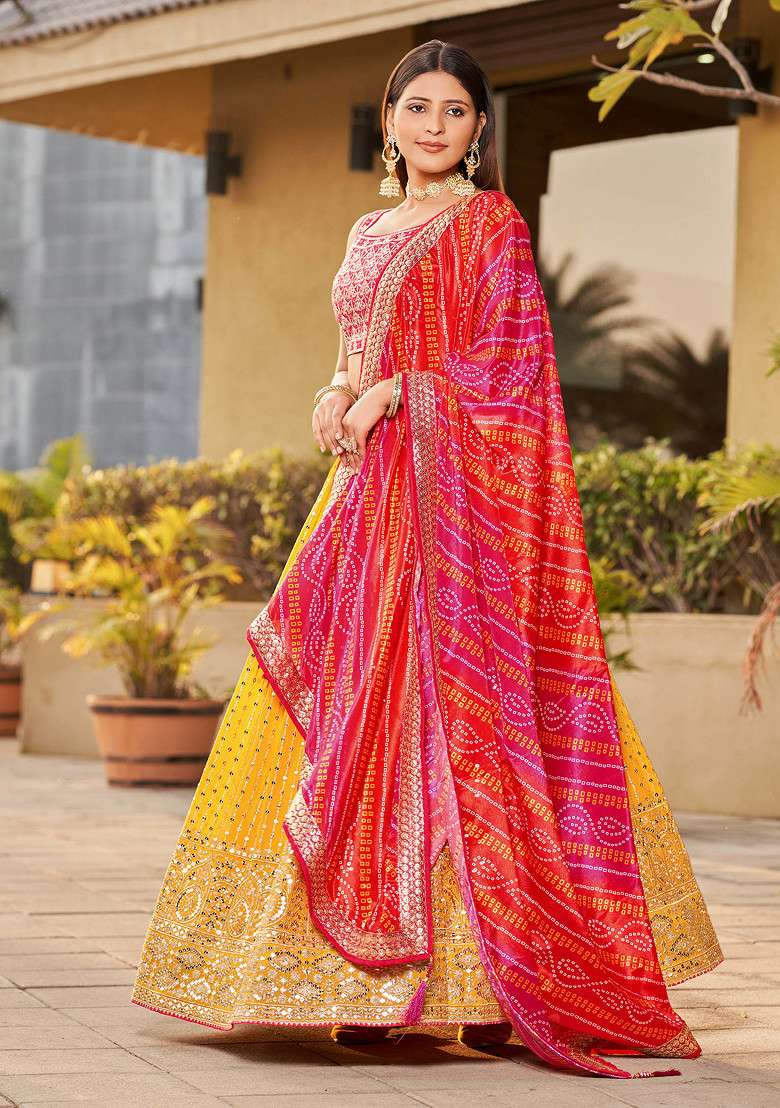 Yellow And Pink Real Mirror Work Art Silk Blend Lehenga Set for Diwali and Festive Wear - Indya