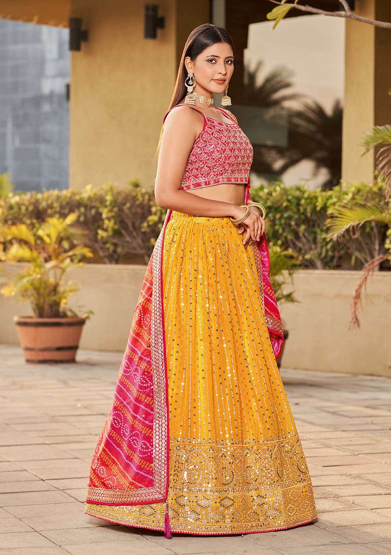 Yellow And Pink Real Mirror Work Art Silk Blend Lehenga Set for Diwali and Festive Wear - Indya
