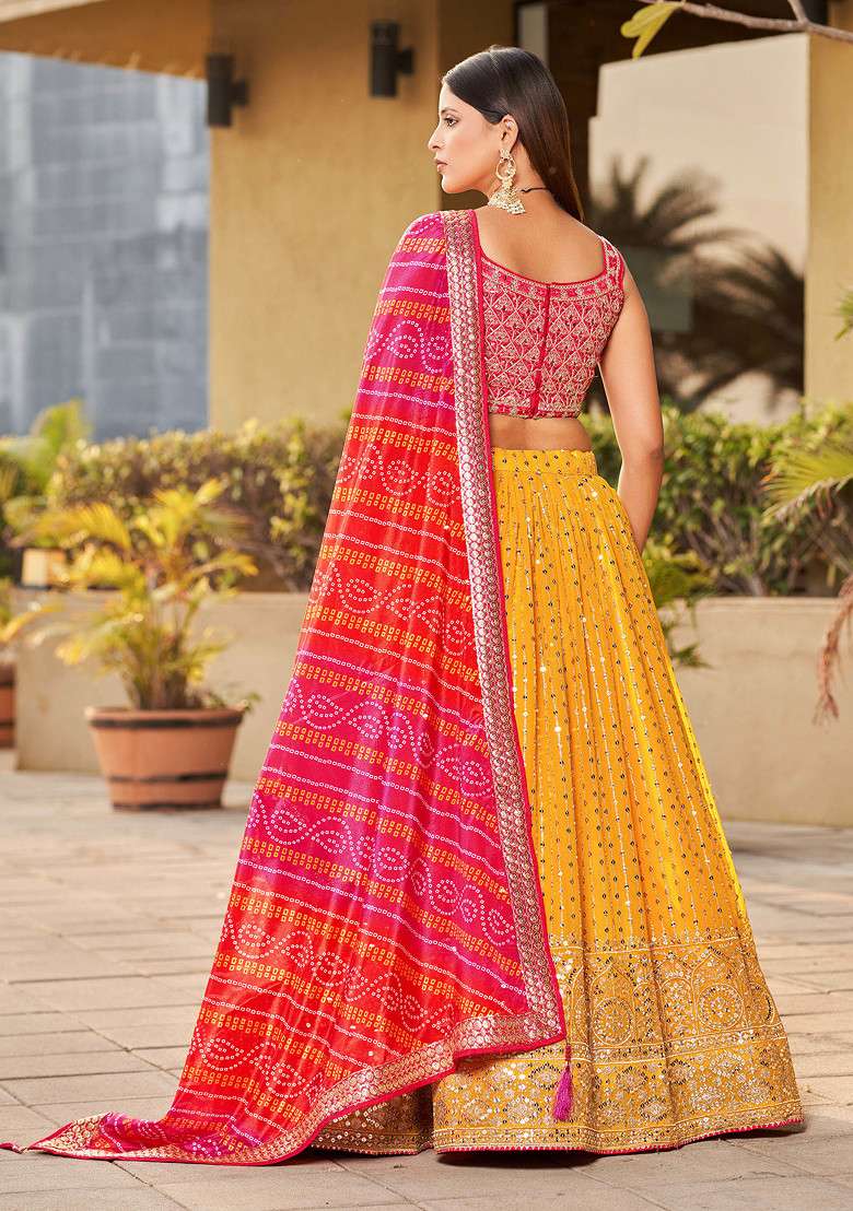 Yellow And Pink Real Mirror Work Art Silk Blend Lehenga Set for Diwali and Festive Wear - Indya
