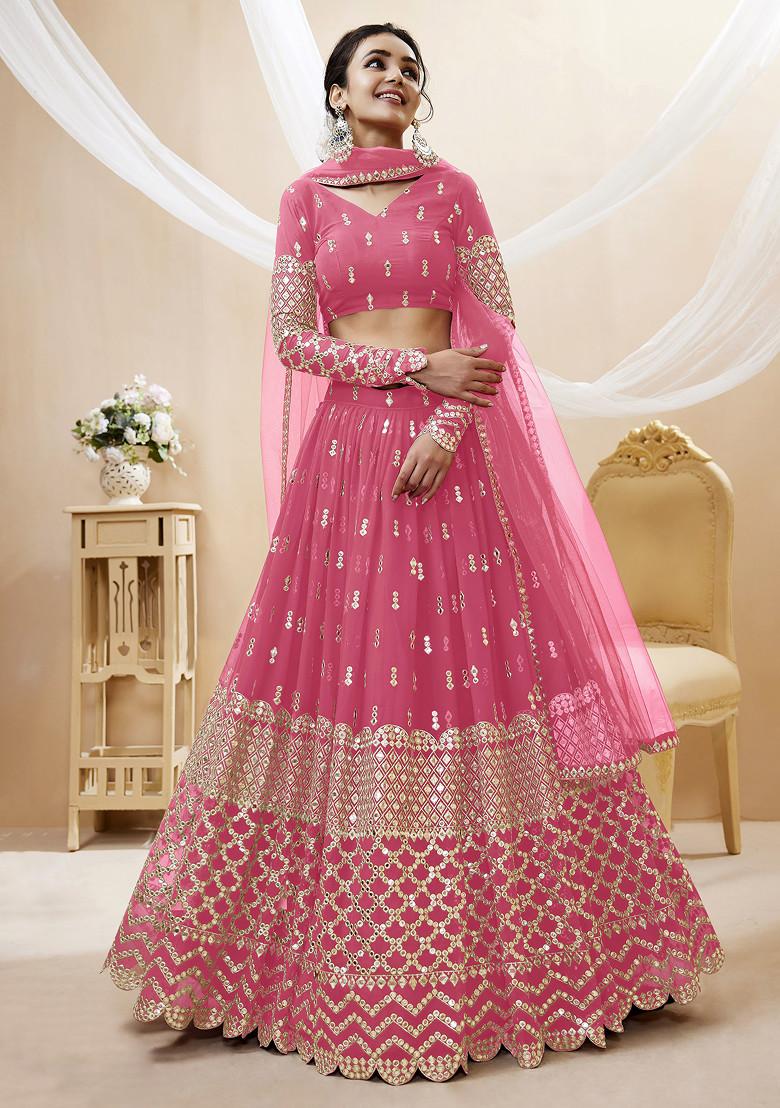 Pink Sequin Zari Embroidered Georgette Lehenga Set