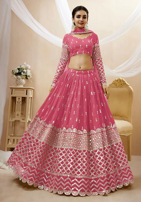 Pink Sequin Zari Embroidered Georgette Lehenga Set