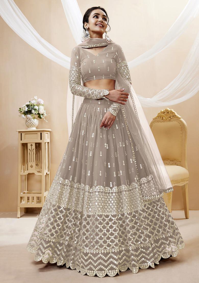 Grey Sequin Zari Embroidered Georgette Lehenga Set - Indya