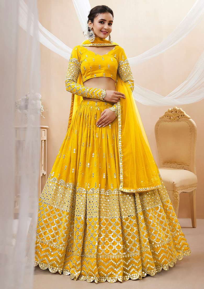 Yellow Sequin Zari Embroidered Georgette Lehenga Set for Diwali and Festive Wear - Indya