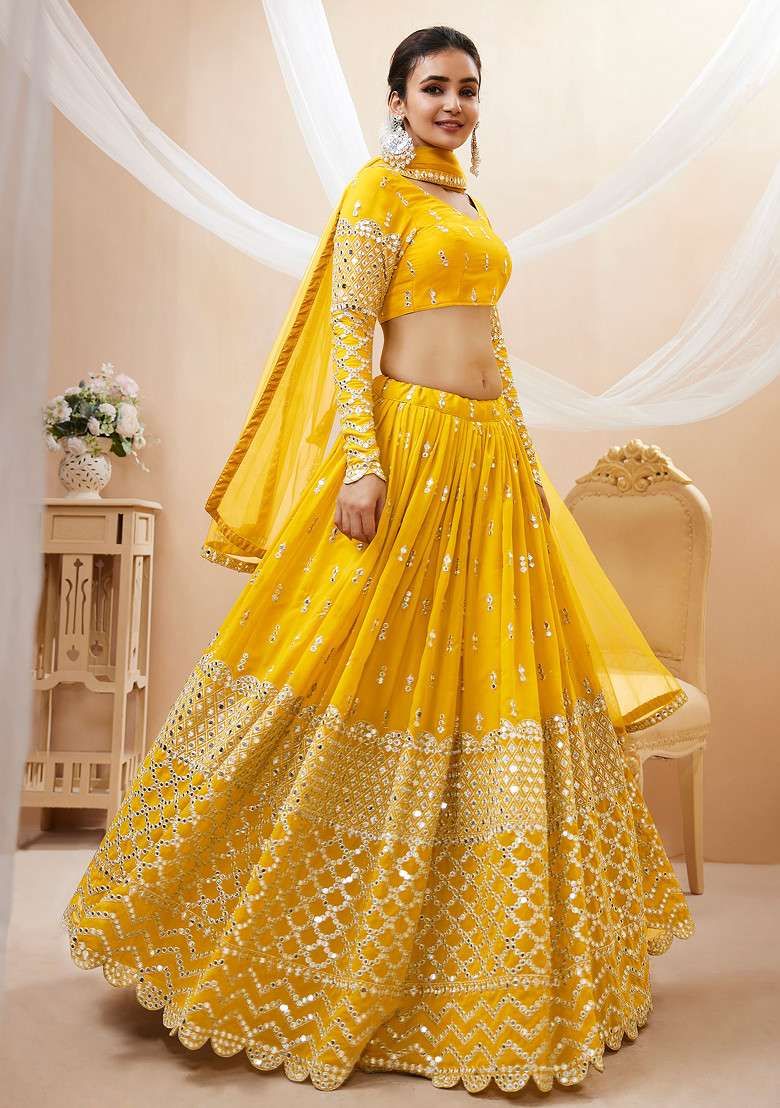 Yellow Sequin Zari Embroidered Georgette Lehenga Set for Diwali and Festive Wear - Indya
