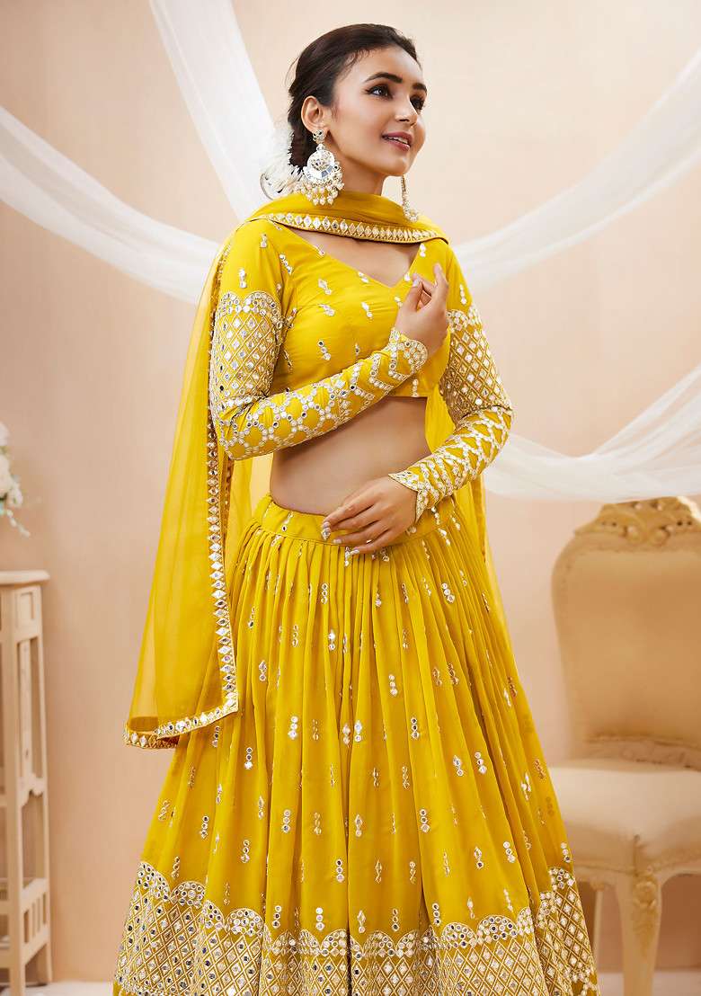 Yellow Sequin Zari Embroidered Georgette Lehenga Set for Diwali and Festive Wear - Indya