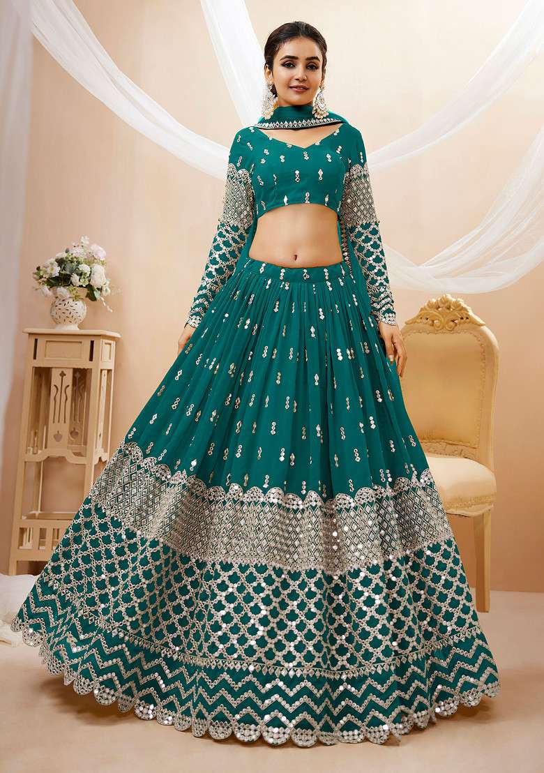 Teal Blue Zari Georgette Lehenga Set with Embroidered & Sequin for Diwali | Wedding & Festive Wear - Indya