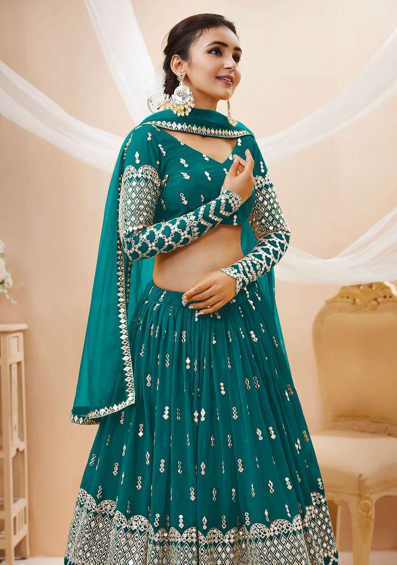 Teal Blue Zari Georgette Lehenga Set with Embroidered & Sequin for Diwali | Wedding & Festive Wear - Indya