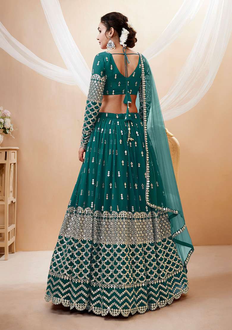 Teal Blue Zari Georgette Lehenga Set with Embroidered & Sequin for Diwali | Wedding & Festive Wear - Indya