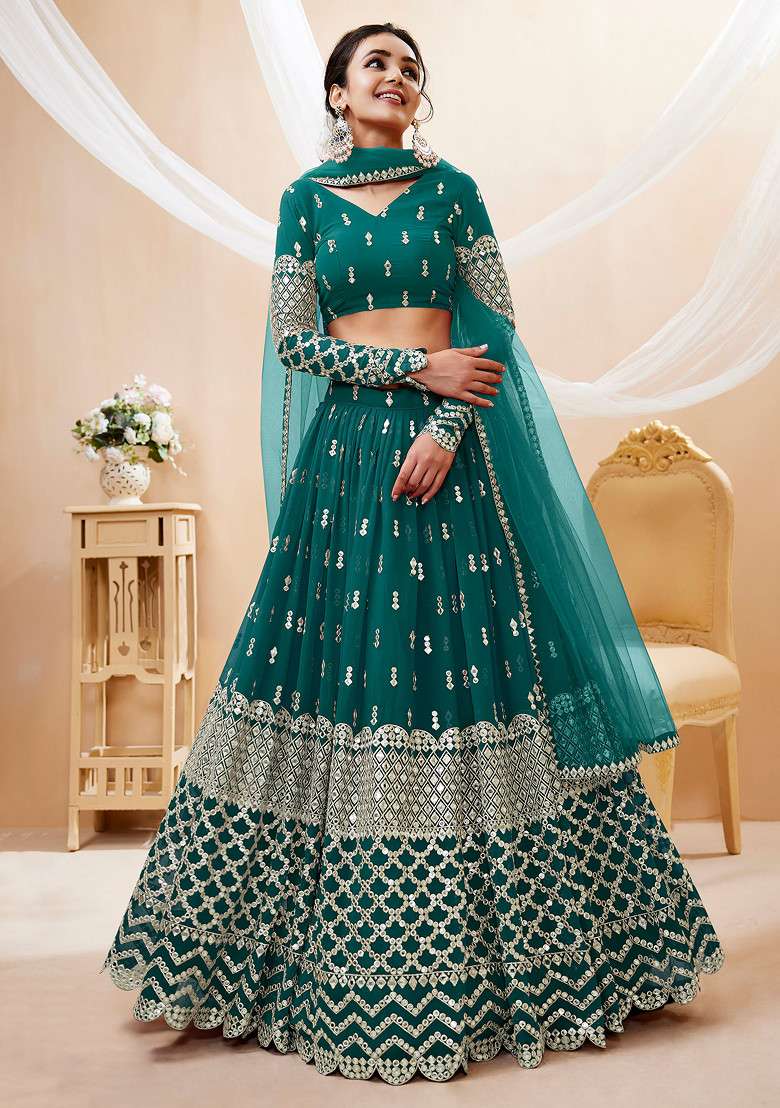 Teal Blue Zari Georgette Lehenga Set with Embroidered & Sequin for Diwali | Wedding & Festive Wear - Indya