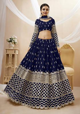 Navy Blue Sequin Zari Embroidered Georgette Lehenga Set