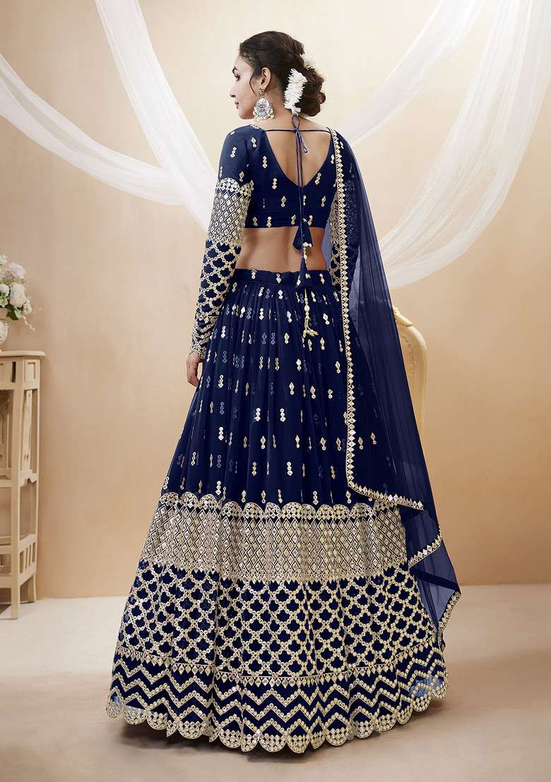 Navy Blue Sequin Zari Embroidered Georgette Lehenga Set for Diwali and Festive Wear - Indya