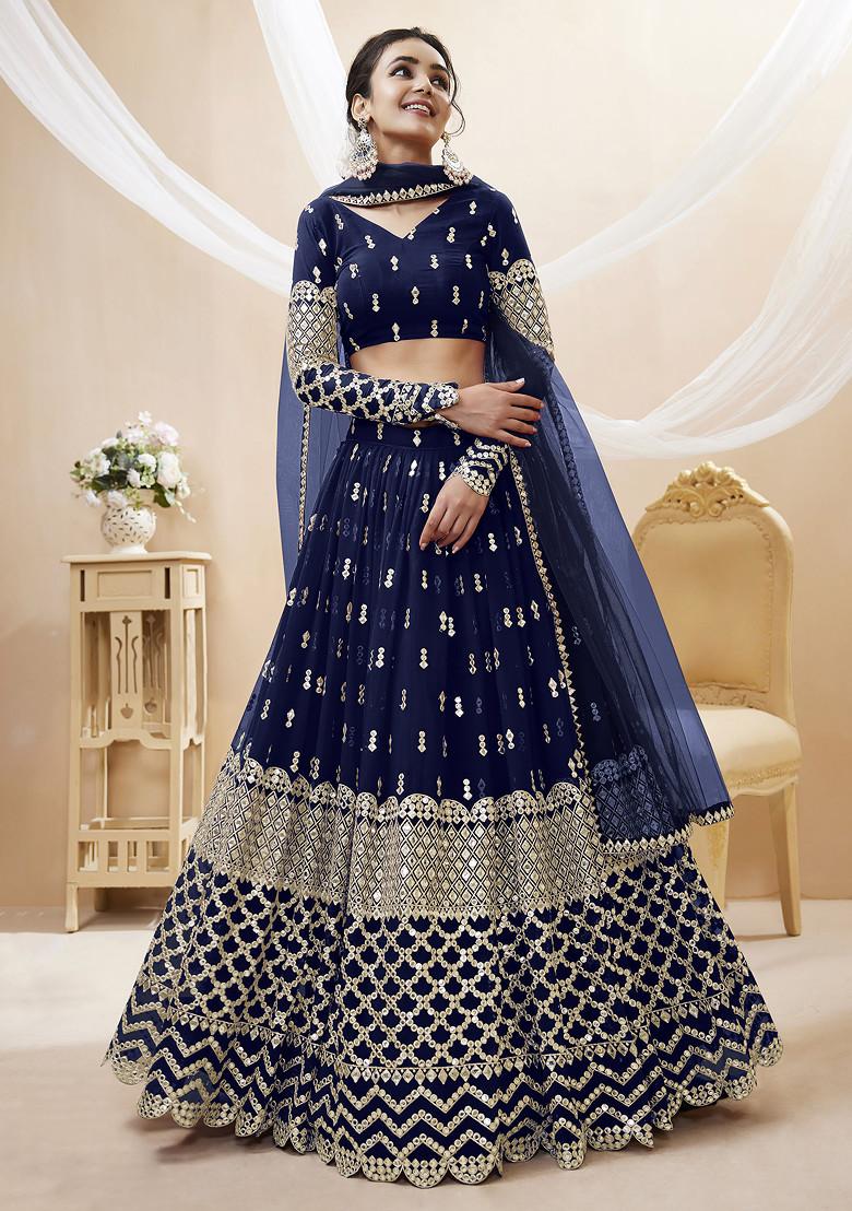 Navy Blue Sequin Zari Embroidered Georgette Lehenga Set - Indya