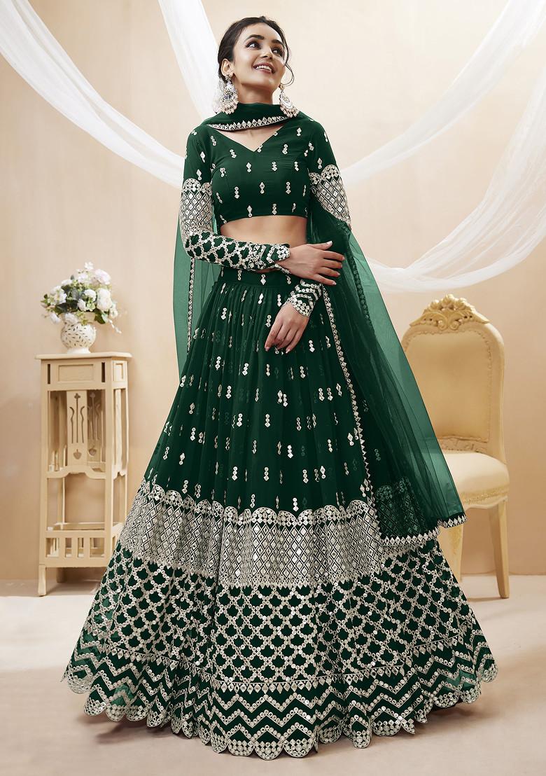 Green Sequin Zari Embroidered Georgette Lehenga Set - Indya