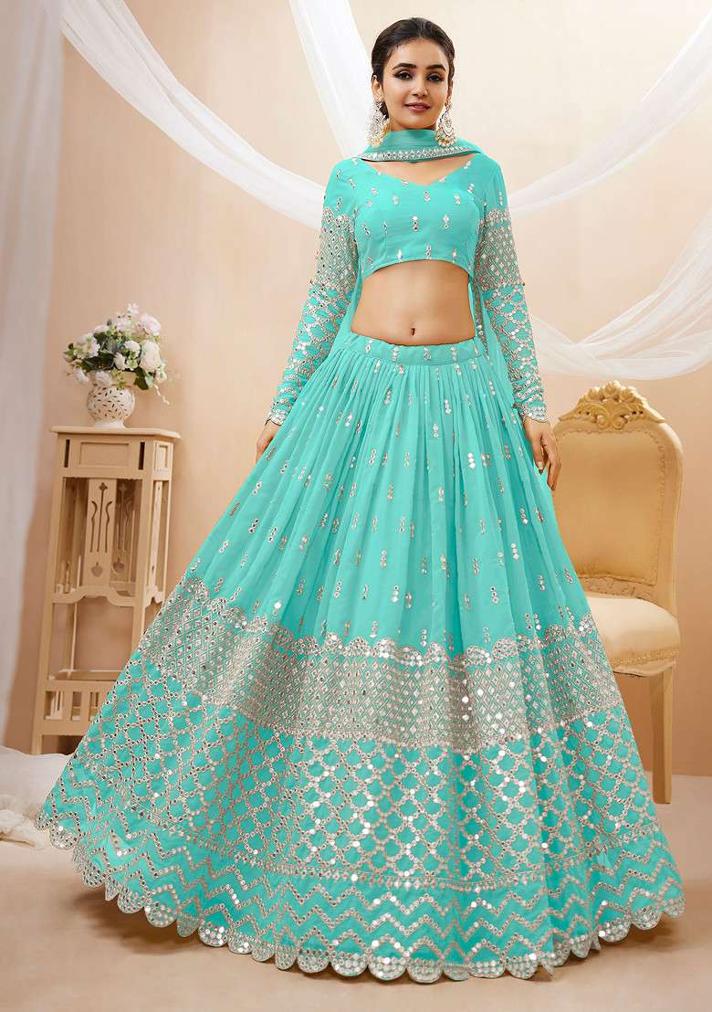 Sky Blue Zari Georgette Lehenga Set with Embroidered & Sequin for Diwali | Wedding & Festive Wear - Indya