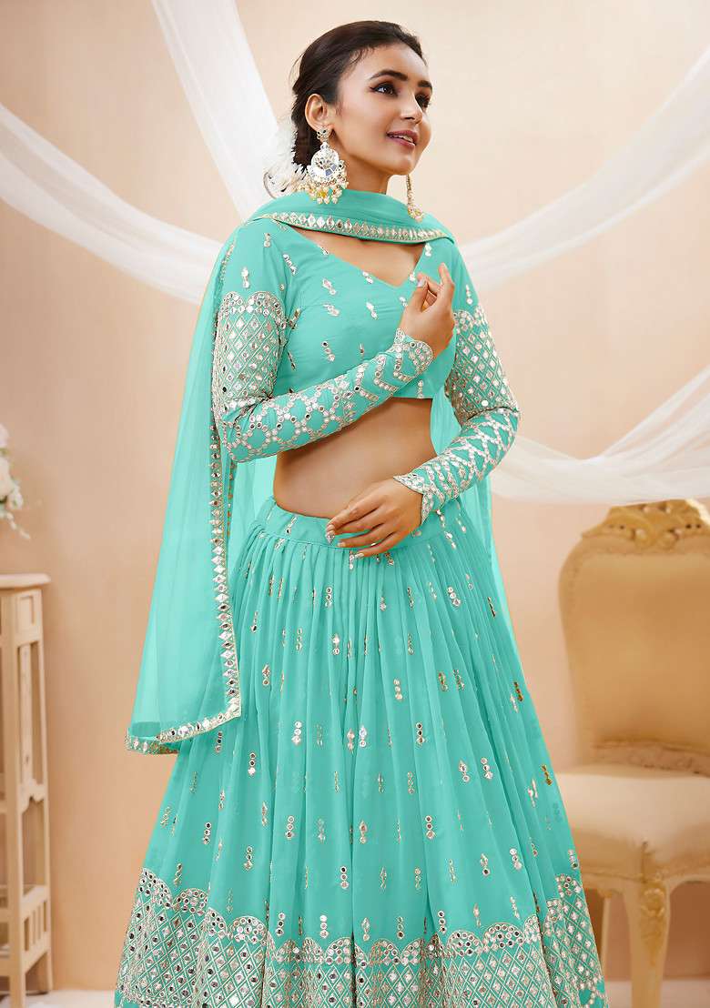 Sky Blue Zari Georgette Lehenga Set with Embroidered & Sequin for Diwali | Wedding & Festive Wear - Indya