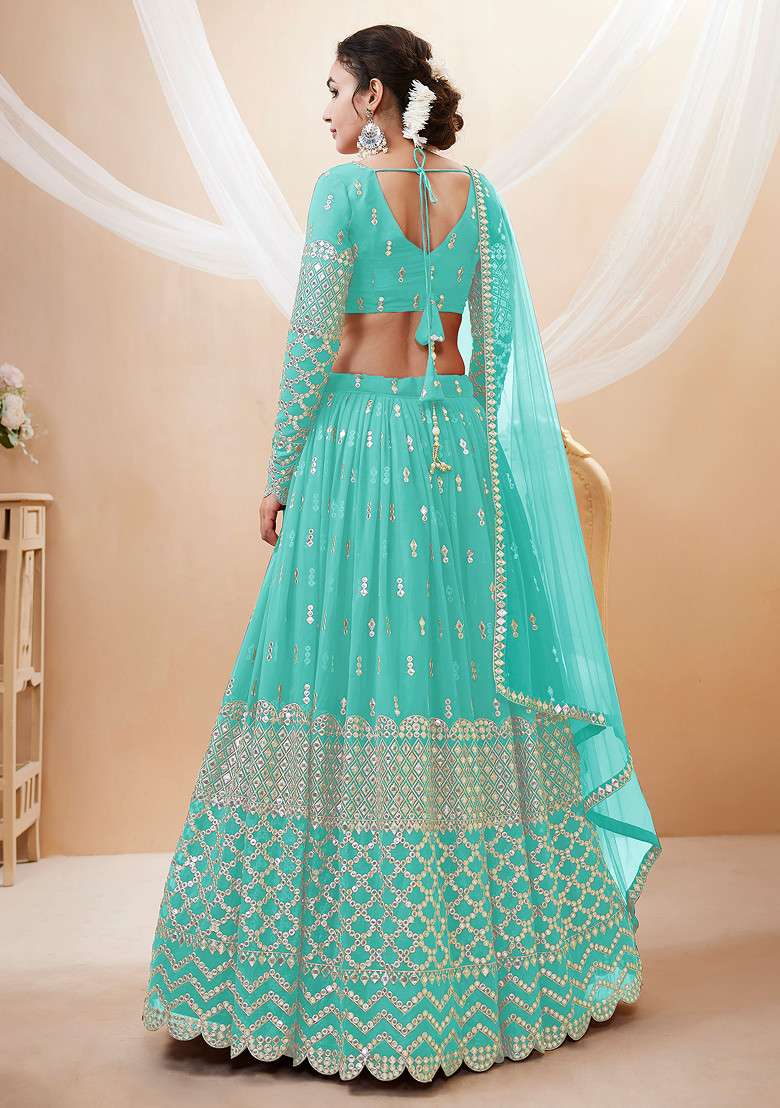 Sky Blue Zari Georgette Lehenga Set with Embroidered & Sequin for Diwali | Wedding & Festive Wear - Indya