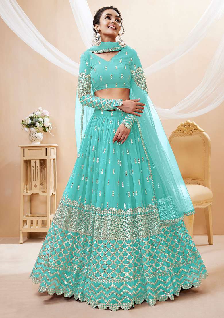 Sky Blue Zari Georgette Lehenga Set with Embroidered & Sequin for Diwali | Wedding & Festive Wear - Indya