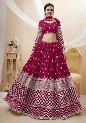 Hot Pink Sequin Zari Embroidered Georgette Lehenga Set