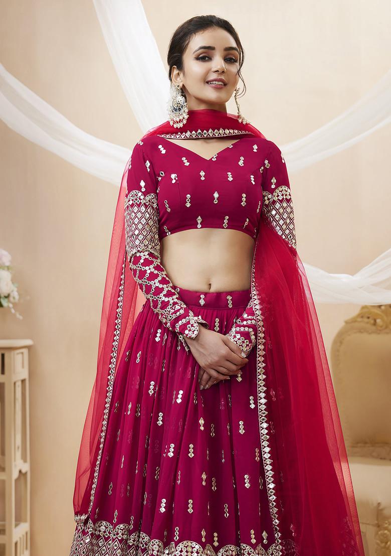 Hot Pink Sequin Zari Embroidered Georgette Lehenga Set - Indya
